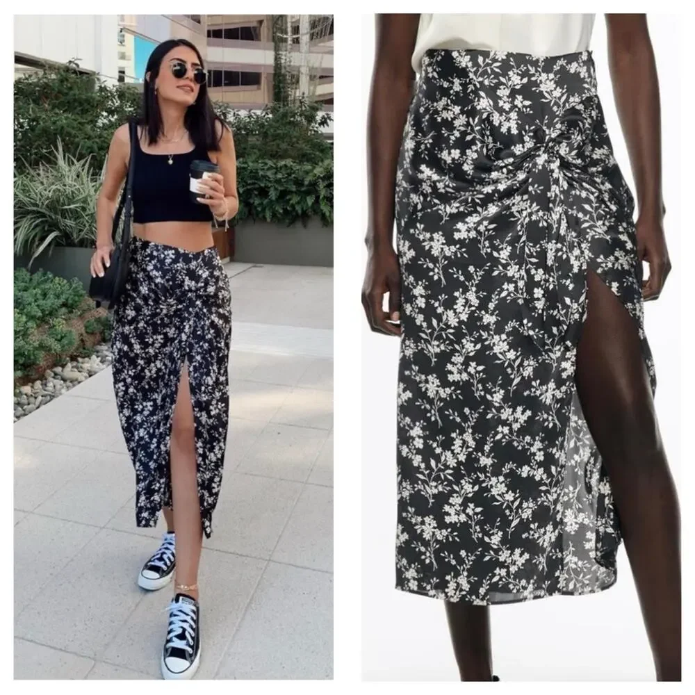 Zara Black Floral Satin Midi Skirt Size Large Side Knot Lightweight 2492/063